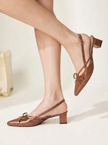 CUCCOO CHICEST Brown Pointed Bow Slingback Thick Heel Sandals, Workplace Commuting Temperament Shoes - Avocado Brown - View 5