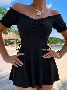 DAZY Solid Frill Trim One Piece Swimsuit Summer,Beach Women Outfits Vacation - Black - View 12