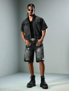 ROMWE MEN Street Life Áo khoác denim nam khóa kéo phong cách casual đa năng dùng hàng ngày và du lịch - Xám - Xem 3
