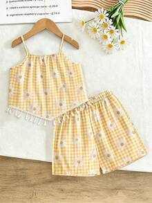 Tween Girl Plaid Floral Print Tassel Design Camisole Top And Shorts Casual Daily Set - Yellow - View 4