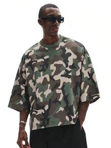 STYNVO Kaos Pria Kasual Musim Panas Motif Kamuflase Digital Patchwork dengan Bahu Jatuh dan Potongan Longgar - Hijau Tentara - View 3
