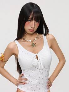 INAWLY Women's Solid Color Lace-Up Hollow Textured Fabric Camisole, Sexy Cute Versatile Fitted Cropped Top Vacation All White Summer - White - View 4