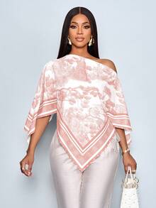 SOLERSUN Áo blouse nữ thu đông phong cách casual thanh lịch, họa tiết màu mơ, cổ bất đối xứng, tay dài, vạt bất đối xứng, vai chéo, tay xẻ, dáng rộng thời trang, họa tiết hoàng hôn vintage, tay cánh dơi, hàng mới về, dễ phối đồ, trang phục thu đông, đi làm hằng ngày, đi chơi - Màu Hồng  San hô - Xem 3