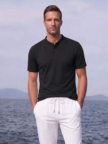 Officeau Men's Casual Solid Color Henley Neck Short Sleeve T-Shirt, Summer - Black - View 8