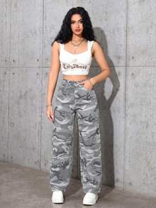SHEIN ICON 女款口袋鈕扣迷彩休閒百搭日常旅行牛仔長褲 - 彩色 - 查看 6