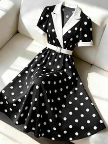 GlowEve Women's Elegant Collared Short Sleeve Waist Cinched Colorblock Flared Cream Polka Dot Vintage Party Dress, Spring/Summer - Black - View 6