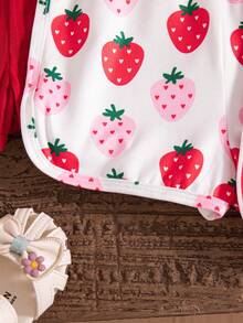 SHEIN 3pcs/Set Baby Girl Summer New Simple Butterfly Print Solid Color Ribbed Purple & Black 3D Bow Decor Casual Sleeveless Camisole Romper Shorts Set - Red - View 3