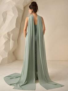 Coutiva Women's Contrast Lace Ribbon Design Pleated Elegant Side Slit Evening Gown - Mint Green - View 2