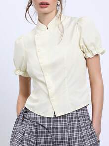 COUREZ 泡泡袖不對稱修身襯衫/Y2K夏季女裝短袖上衣 節慶上衣 可愛上衣 休閒穿搭 外出穿搭 派對穿搭 節慶穿搭 夏季上衣 春季女裝 夏季衣物 - 鵝黃色 - 查看 6