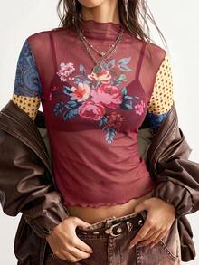 Bohemela Women's Vacation Floral Print Sheer Mesh Long Sleeve Top - Red Violet - View 7