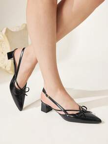 CUCCOO CHICEST Black Oily Leather Pointed Bow Slingback Thick Heel Sandals, Workplace Commuting Temperament Shoes - Avocado black - View 6
