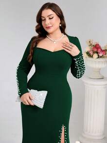Coutiva Đầm dạ hội chính thức size lớn đính ngọc trai giả, xẻ tà gấu váy (thiết kế tinh xảo) - màu xanh lá - Xem 4