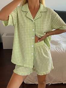 Livesso Summer Sweet Plaid Trim Short Sleeve Ruffle Shorts 2-Piece Women's Pajama Set - Green - View 3