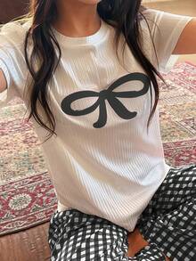 Napfluff Cute Bow Embroidery Top & Plaid Pants Women's Pajama Set - Black - View 3