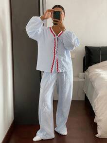 DAZY 2pcs/Set Women's Pajama Set With Pleated Plaid Fabric, Contrast Color Wavy Trim, Decorative Neckline And Tie - Blue - View 7