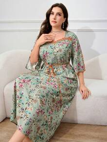 Al Najma 大尺碼女款開衩長袖刺繡裝飾優雅阿拉伯風洋裝 - 綠色 - 查看 5