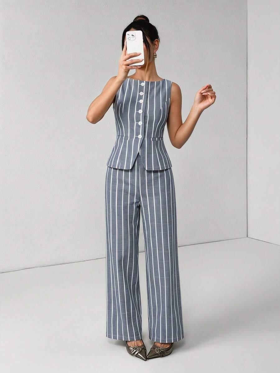 SHEIN PETITE 女款藍白條紋圓領單排扣背心與長褲套裝,夏季休閒辦公優雅通勤商務兩件式套裝,適合嬌小女性 - 藍色 - 查看 1