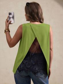 Elegantrix Áo tank top nữ size lớn phong cách Pháp thanh lịch, không tay, phối patchwork lưng, gợi cảm, xuyên thấu bằng lưới thêu, phù hợp mặc hàng ngày và đi làm - màu xanh lá - Xem 3