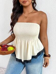 SHEIN Frenchy Plus Size Women's Ruched Lace Patchwork Bandeau Top Casual Summer Vacation Going Out Top For Women Lace Top Festival Independence Day Top - Apricot - View 6