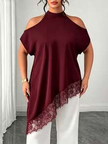 Elenzga Plus Size Summer Fashion Casual Vacation French Vintage Elegant Commuter Lace Patchwork Off-Shoulder Blouse - Burgundy - View 7
