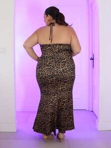 Pretty and Ole Plus Size Fashion Leopard Print Backless Halter Fishtail Dress - Multicolor - View 2
