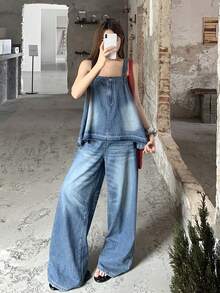 DAZY 女款水洗鈕扣時尚背心與口袋寬鬆長褲牛仔套裝 夏季 - 藍色 - 查看 5