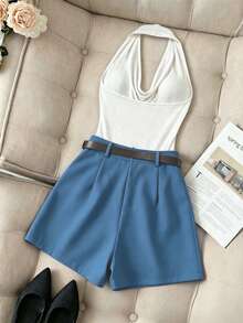 Franclia Casual Fashion Commuter Versatile Solid Color Pleated Halterneck Halter Neck Top Paired With Black Skort (Includes Belt) 2-Piece Set - White - View 2