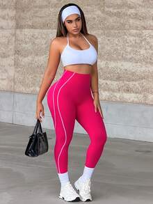 Easithlete Leggings deportivos sin costuras de color contrastante - Rosa Fucsia - Ver 5