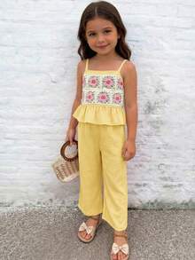 Emery Rose Kids Emery Rose Kids 两件套女童纯色梭织吊带背心和长裤套装 - 黃色 - 查看 5