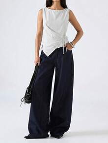 SHEIN EZwear 大尺碼女款條紋針織抓皺繫帶不對稱下擺T恤 - 白色 - 查看 7