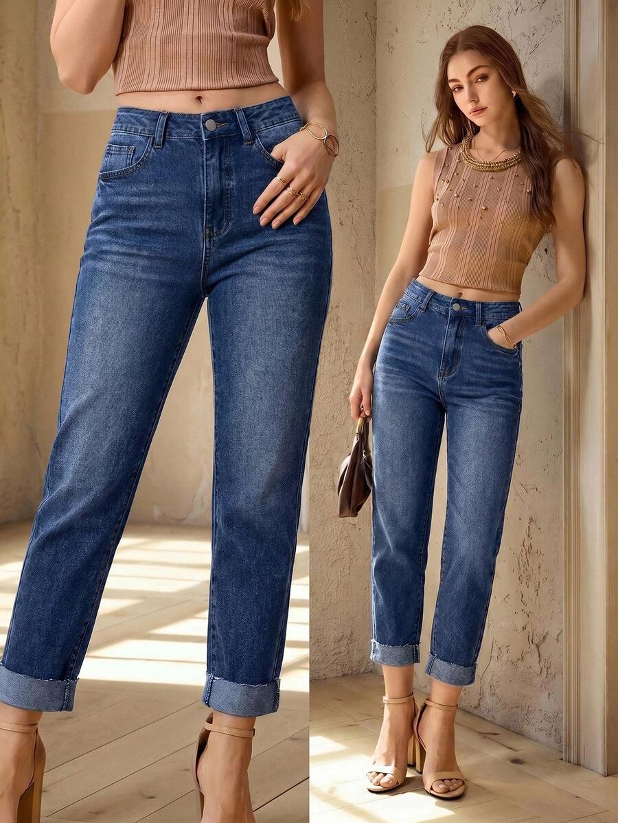 Selenza Quần jean nữ mùa hè đa năng có túi, gấu sờn, đính cúc - Màu xanh lam - Xem 1