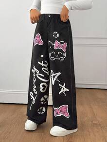 SHEIN Sparklyn 青少年女孩秋季服飾 鬆緊腰寬鬆印花寬腿褲 日常穿著 春/秋/冬 隨興 開學穿搭 - 黑色 - 查看 6