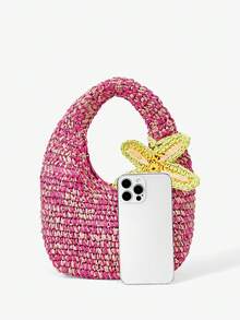 SHECARRY Ladies Fashionable Elegant Simple Two-Color Hand-Woven Straw Woven Flower Decorative Handbag, Summer Seaside Vacation Beach - Hot Pink - View 4