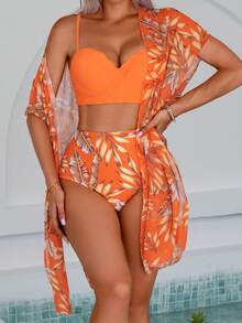 Swim Lushoire 女士夏日熱帶印花性感比基尼套裝，上下可分離，搭配短袖和服外套 - 亮橙色 - 查看 4