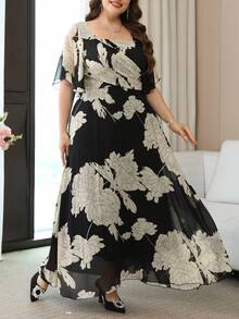 Reflora Plus Size Floral Print Square Neck Ruffle Sleeve Dress,Birthday Outfit For Women,Prom Dress,Elegant Long Party Dress,Graduation Outfit For Mother - Multicolor - View 4