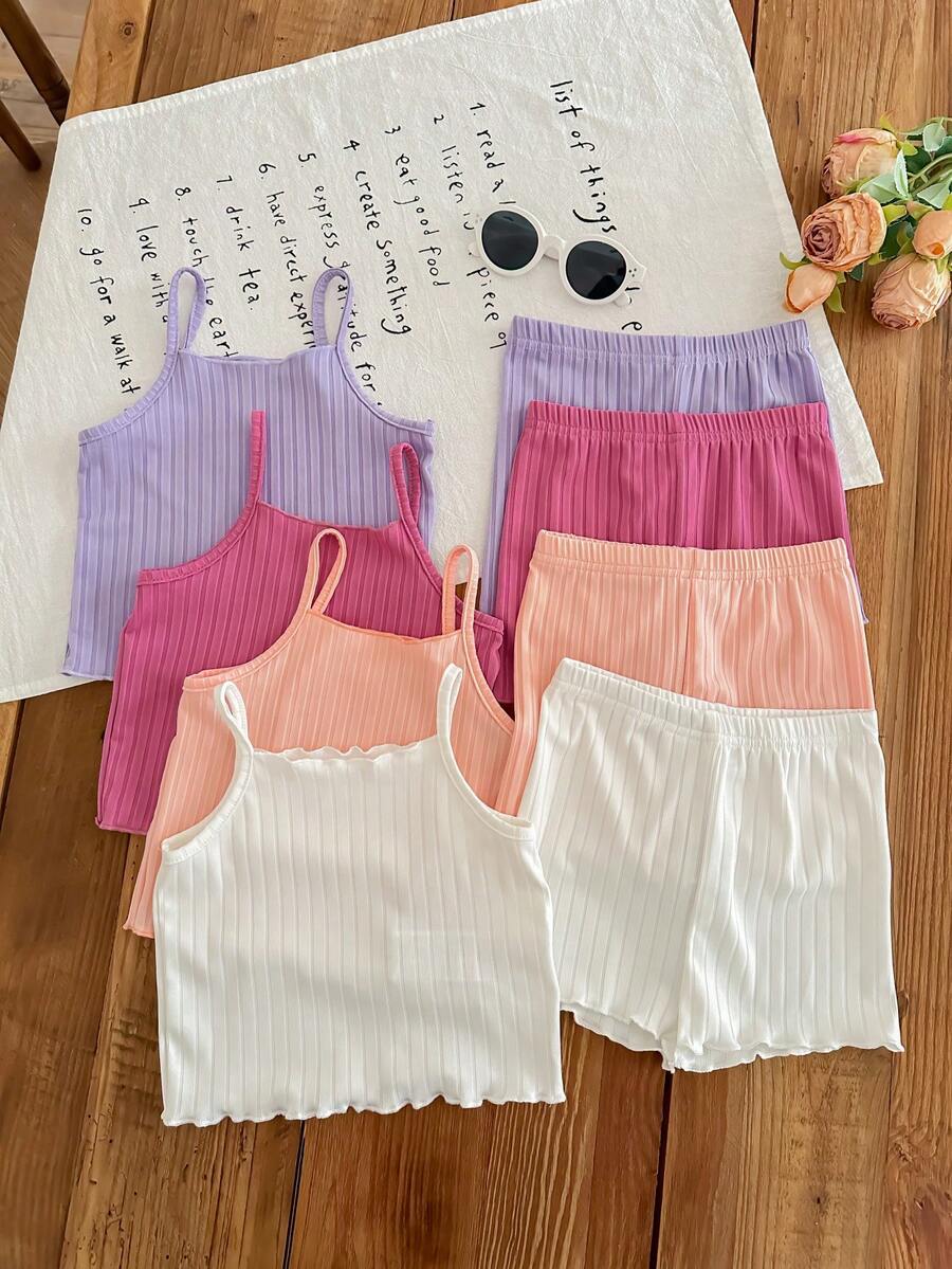 SHEIN LMoss Kids 8 件套女婴休闲纯色针织吊带背心和短裤 - 彩色 - 查看 1