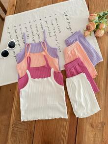 SHEIN LMoss Kids 8 件套女婴休闲纯色针织吊带背心和短裤 - 彩色 - 查看 8