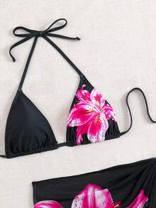 Swim Vcay Conjunto de bikini con estampado floral y falda de cobertura para mujer, vacaciones de verano en la playa, estampado aleatorio, conjunto de 3 piezas - Negro - Ver 4