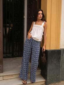 Nöista Wide-Leg Pants In A Fishes And Stripes Printed Fabric With A Mid-Rise Waistband, Button Closure, Front Pockets. Spring, Summer, Music Festival. - Royal Blue - View 10