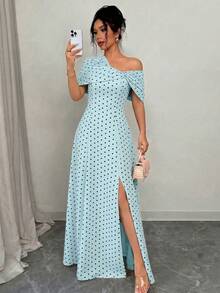 SHEIN Elenzya Asymmetrical Shoulder Ruched Waist A-Line Elegant Romantic Women's Dress - Multicolor - View 1