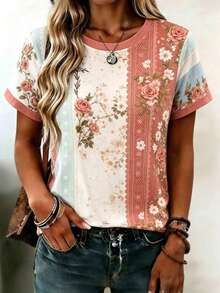 EMERY ROSE Women's Floral Cross Contrast Pattern Round Neck Top, Comfortable Short Sleeve T-Shirt, Suitable For Casual Daily Wear - Multicolor - View 4