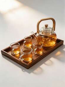 1 Set Of 1 Pot With 6 Cups And A Tray, 1 Pot With 4 Cups And A Tray, High-Temperature Resistant Glass Tea Pot In Modern Minimalist Style, Walnut Wood Color, Tea Infuser Pot For Brewing Tea, Tea Infuser Pot For Brewing Tea, Tea Infuser Set For Use In Parties, Gatherings, All Seasons. - Double Layer Cup Flower Tea Set - View 10