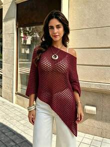 SHEIN Franclia Atasan Rajut Wanita Polos Berlubang, Kasual, Serbaguna untuk Aktivitas Sehari-hari - Burgundy - View 4