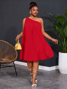 Slaydiva Vestido de pierna ancha de un solo hombro sin mangas de unicolor para mujer de talla grande - Rojo - Ver 6