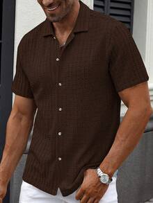 Manfinity Homme Men Solid Color Single-Breasted Casual Short Sleeve Shirt (Random Print) - Brown - View 6