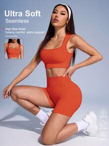 SHEIN Sovereign Charm Solid Color Ribbed Sports Tank Top And Shorts Set For Women - Coral Orange - View 2