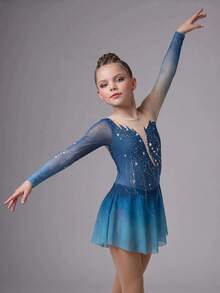 SHEIN Tween Girls Light Blue Figure Skating Dress, High Elasticity Slim Fit With Galaxy-Inspired Print, Rhinestone, Mesh Skirt, Dance Daily Training Autumn - Dark Green - View 3