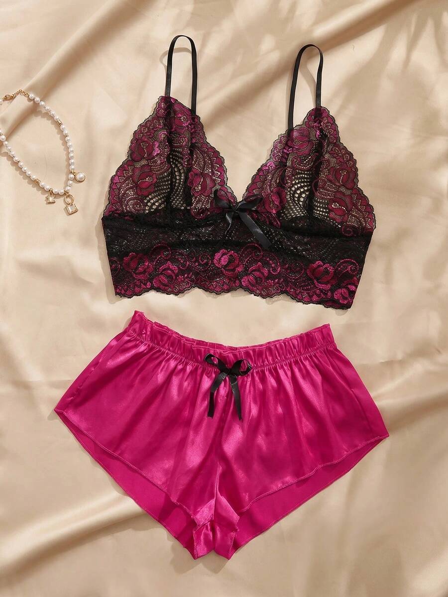 Charlaine Floral Lace Bralet With Satin Shorts - Multicolor - View 1
