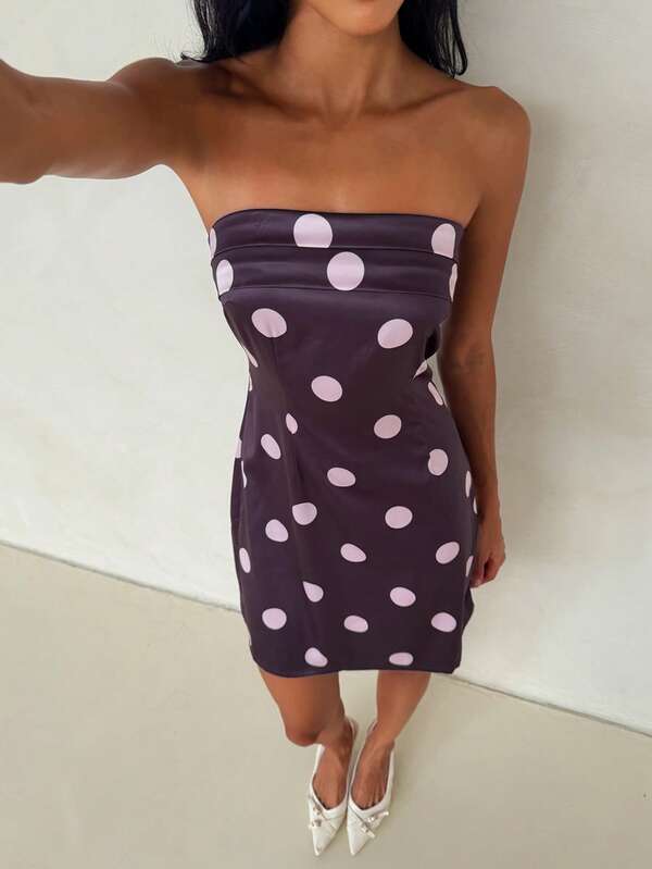 Aloruh Women's Elegant Purple Red Polka Dot Print Mini Dress, Commuter, Party, Vacation Dress