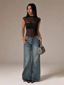 SHEIN PETITE Bodysuit không tay màu đen gợi cảm phối lưới xuyên thấu bất đối xứng, Bodysuit xuyên thấu gợi cảm màu đen - màu đen - Xem 3